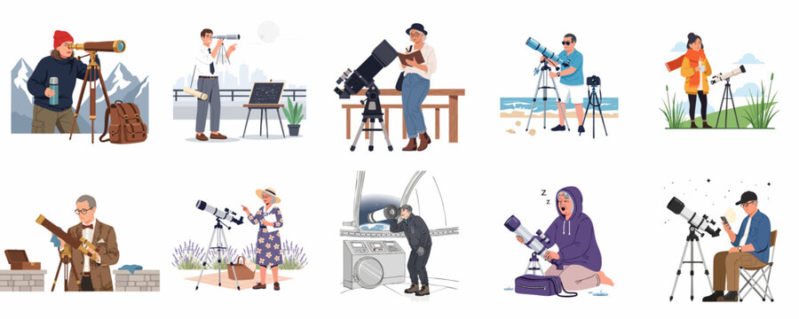 Diverse group of people enjoying astronomy and terrestrial viewing through telescopes, illustrating different settings, activities, hobbies, and professions.