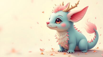 Naklejka premium Cute blue fantasy creature with pink features and antlers, sitting amidst pink flower petals, radiating a whimsical charm.
