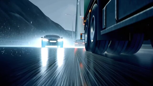 4K cinematic video, dramatic near-miss highway accident, massive semi truck emergency braking avoid collision small sedan, rain-soaked highway, wet asphalt reflections, motion blur headlights, slow-mo