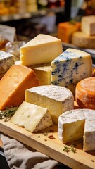 Assortment of artisanal cheeses presenting various textures. Shapes. And colors. Including soft ripened. Hard. And blue varieties. Artfully arranged for gourmet food concepts and culinary experiences