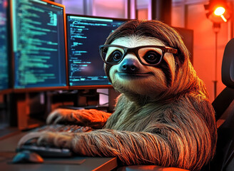 Obraz premium sloth wearing glasses, sitting in front of a computer on an office desk