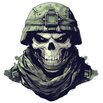 Detailed illustration of a menacing skull wearing a military helmet and tactical scarf with glowing green eyes.