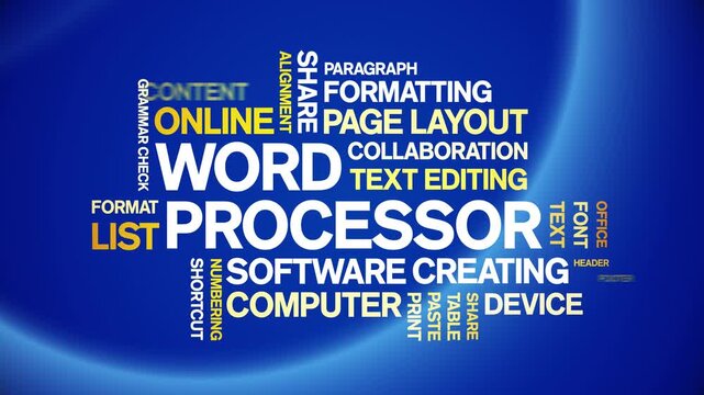 Word Processor animated word cloud-text design animation tag kinetic typography seamless loop.