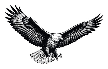 Obraz premium Dynamic soaring bald eagle with intense gaze and extended talons capturing a moment of raw power and freedom ideal for brand logos or apparel prints