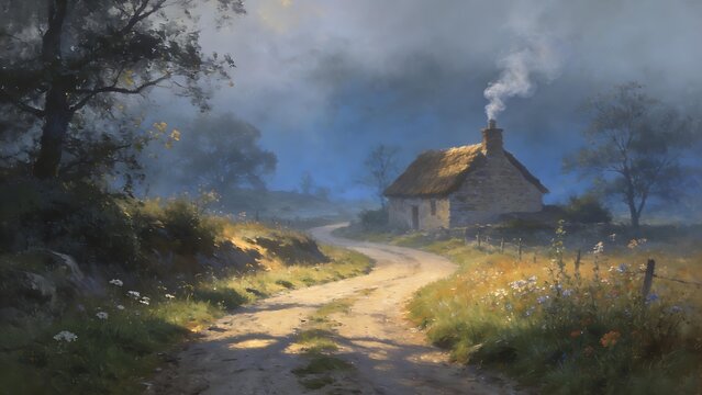 enthalpy. Misty country lane leading to a distant stone cottage. lifestyle magazines, social media lookbooks, designed for influencer and brand collaborations, used by SEO specialists.