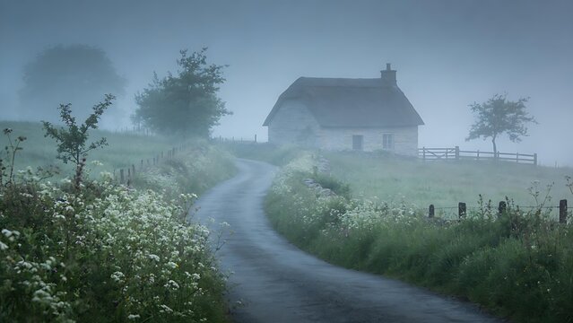 enthalpy. Misty country lane leading to a distant stone cottage. lifestyle magazines, social media lookbooks, designed for influencer and brand collaborations, used by SEO specialists.