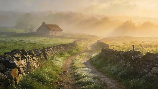 enthalpy. Misty country lane leading to a distant stone cottage. lifestyle magazines, social media lookbooks, designed for influencer and brand collaborations, used by SEO specialists.