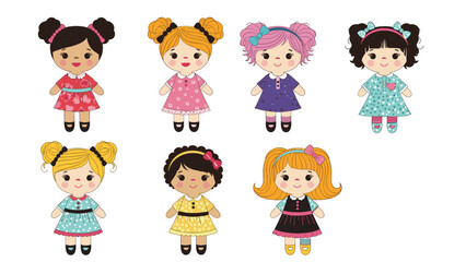 Obraz premium Collection of seven diverse doll illustrations featuring various skin tones hair colors and stylish dress patterns on white.