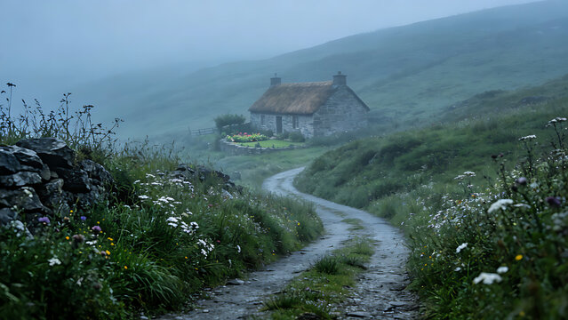 enthalpy. Misty country lane leading to a distant stone cottage. lifestyle magazines, social media lookbooks, designed for influencer and brand collaborations, used by SEO specialists.