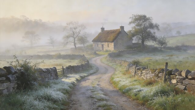 enthalpy. Misty country lane leading to a distant stone cottage. lifestyle magazines, social media lookbooks, designed for influencer and brand collaborations, used by SEO specialists.