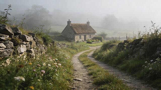 enthalpy. Misty country lane leading to a distant stone cottage. lifestyle magazines, social media lookbooks, designed for influencer and brand collaborations, used by SEO specialists.