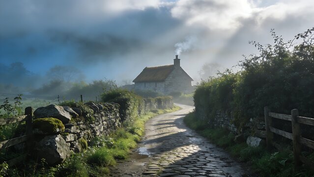 enthalpy. Misty country lane leading to a distant stone cottage. lifestyle magazines, social media lookbooks, designed for influencer and brand collaborations, used by SEO specialists.