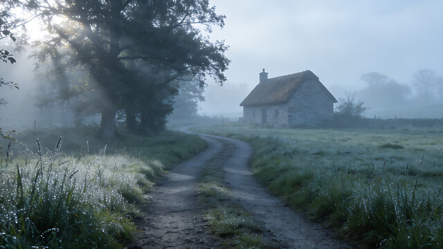 enthalpy. Misty country lane leading to a distant stone cottage. lifestyle magazines, social media lookbooks, designed for influencer and brand collaborations, used by SEO specialists.