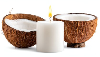 A lit white candle sits between two halves of a coconut, isolated on white