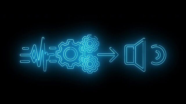 Neon blue line illustration of sound wave transforming into gear mechanisms and speaker on black background with glowing effect.