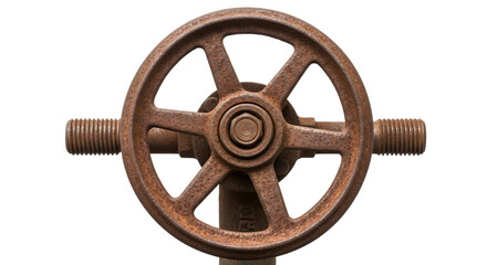 Obraz premium Rusty metal handwheel with threaded bolts and central hub detail isolated on a transparent background