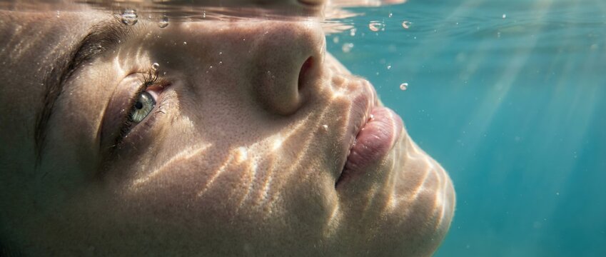 Underwater serenity captivating portrait of a woman submerged in tranquil waters ocean environment ethereal light reflection close-up viewpoint concept of inner peace
