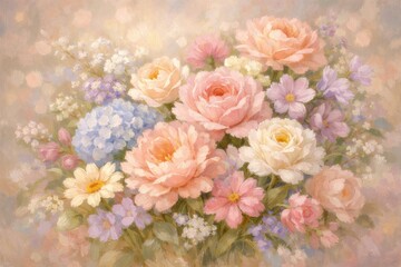 A soft pastel toned oil painting of a variety of beautiful flowers in full bloom.