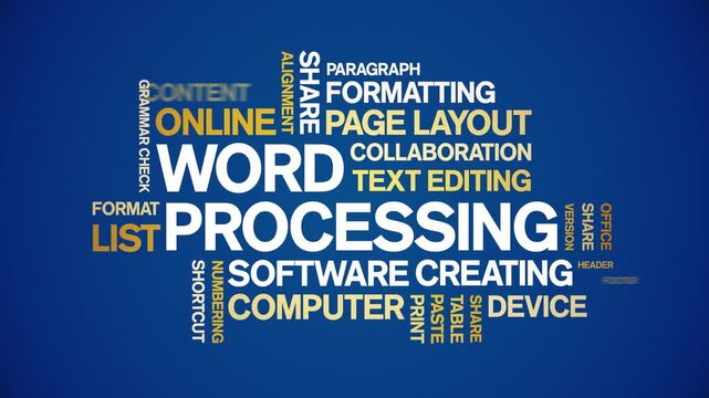 Word Processing animated word cloud-text design animation tag kinetic typography seamless loop.