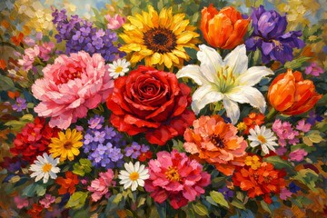 The vibrant oil painting of a variety of beautiful flowers in full bloom.