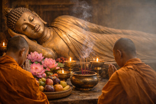 Buddhist monks praying before reclining Buddha statue on Parinirvana Day, offering flowers and incense in temple.