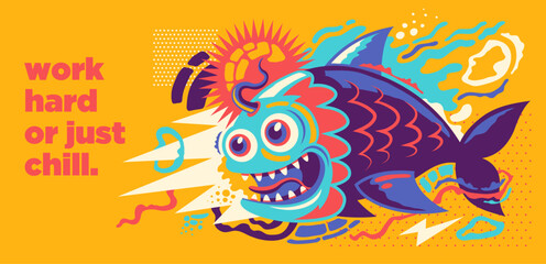 Fototapeta premium An abstract illustration with a comic fish and colorful shapes. Vector illustration.