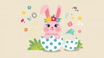 Obraz premium Adorable pink bunny wearing a colorful flower crown peeking out from a cracked blue polka-dot Easter egg on a grid background.