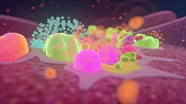 3D close-up of human teeth surface vibrant, colorful bacteria plaque forming. Bacteria neon pink, blue, green yellow glow, moving organically microscopic dance plaque, enamel saliva reflections