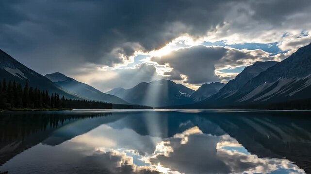 Captivating mountain lake scene under a dramatic sky, with sunrays piercing through clouds and serene reflections dancing on the tranquil water