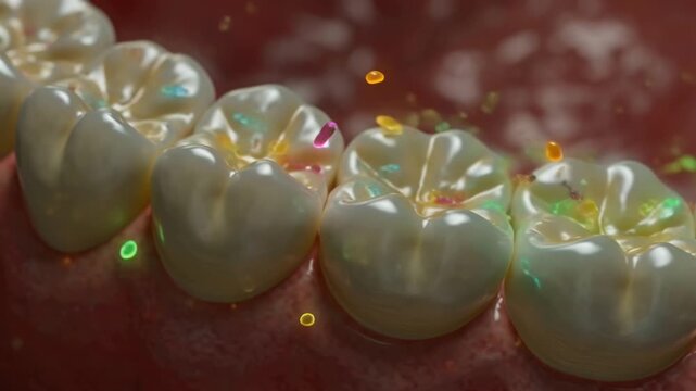 3D close-up of human teeth surface vibrant, colorful bacteria plaque forming. Bacteria neon pink, blue, green yellow glow, moving organically microscopic dance plaque, enamel saliva reflections