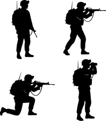 Naklejka premium Soldiers in tactical positions with guns and backpacks
