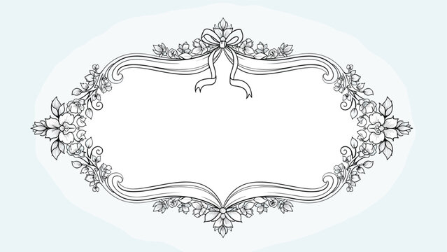 Elegant hand-drawn floral frame with a central bow at the top shown in fine black line art on a light blue background.