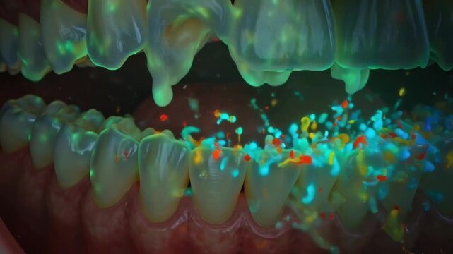 3D cinematic animation human teeth attack colorful bacteria colonies thick plaque. Neon bioluminescent bacteria red, purple, blue green, growing rapidly forming microscopic structures alien landscapes