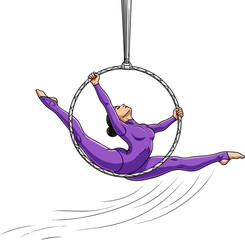 Create a Woman in a purple bodysuit performing on an aerial hoop vector art with white background.. © al