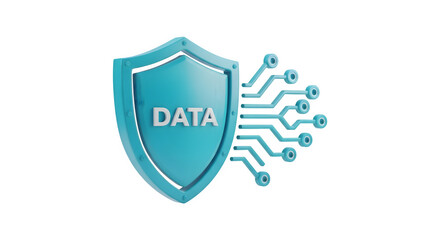3D shield icon with 'DATA' text and circuit board connectors, representing data security, protection, and information technology