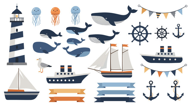 Large set of nautical and sea themed illustrations including various whales ships anchors lighthouses and marine banners.