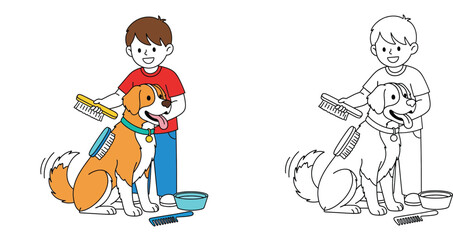 Fototapeta premium Happy boy brushing his dog. Grooming pet vector illustration with black and white outline for coloring book.