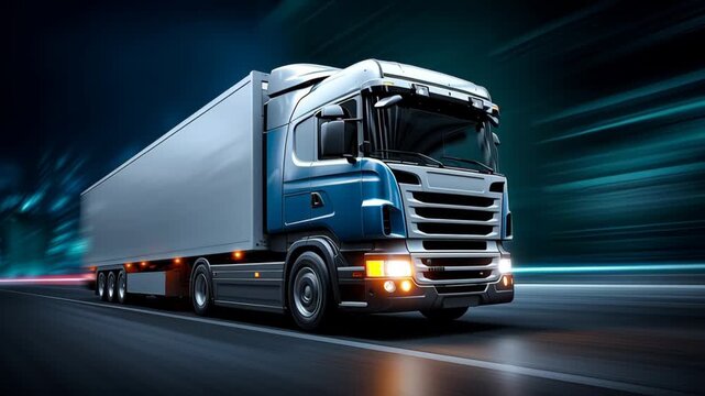 Blue semi-truck with a large trailer drives swiftly along a highway, showcasing motion blur effects against a dark urban backdrop with illuminated elements