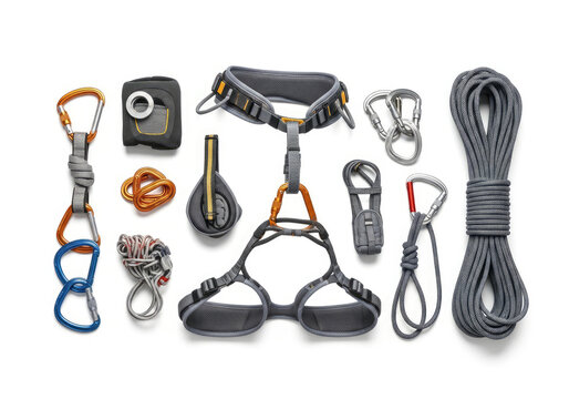 Rock climbing gear set with harness carabiners ropes and accessories.