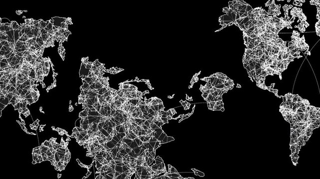 Abstract plexus world map loop animation on black background