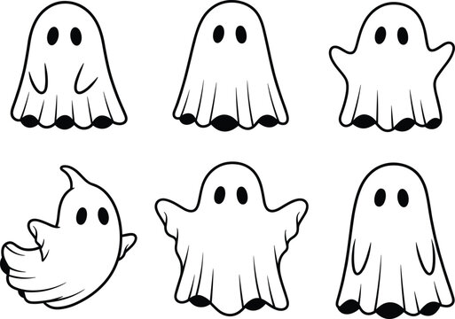 Cartoon ghost illustrations, Halloween characters, spooky cute design, white sheet ghosts, playful spirits, kids art, isolated background, fun decoration
