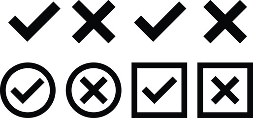 Obraz premium Check and X mark icon set — black-and-white vector symbols for approval, rejection, correctness, selection, and evaluation in graphic design themes