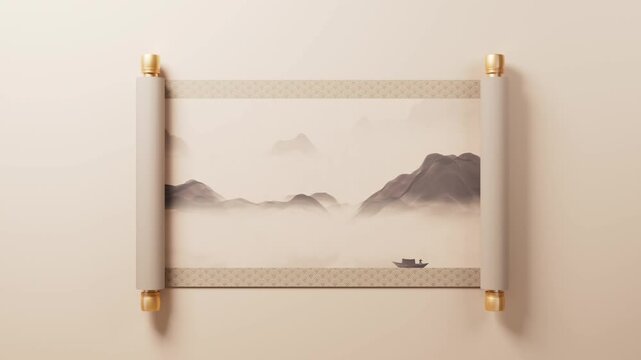 Opening scroll with traditional chinese ink wash painting of mountains and boat on lake in mist
