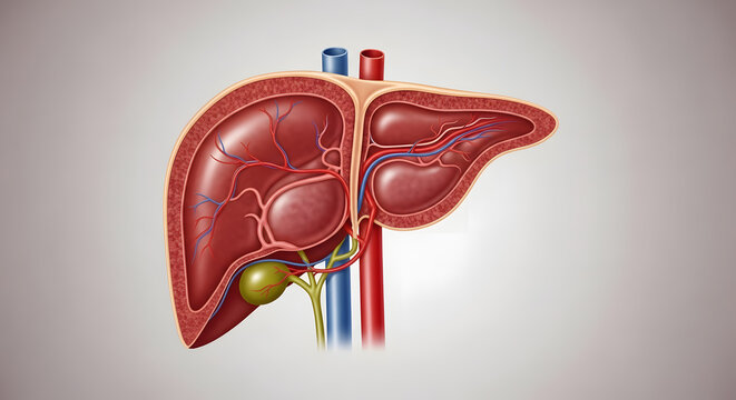 Detailed medical illustration of the human liver, showcasing its complex internal anatomy, including blood vessels and bile ducts crucial for health and metabolism