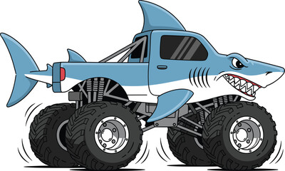 Shark monster truck, cartoon vehicle, sea creature design, blue truck illustration, playful automotive art, kids toy concept, isolated background © Md Shahedul