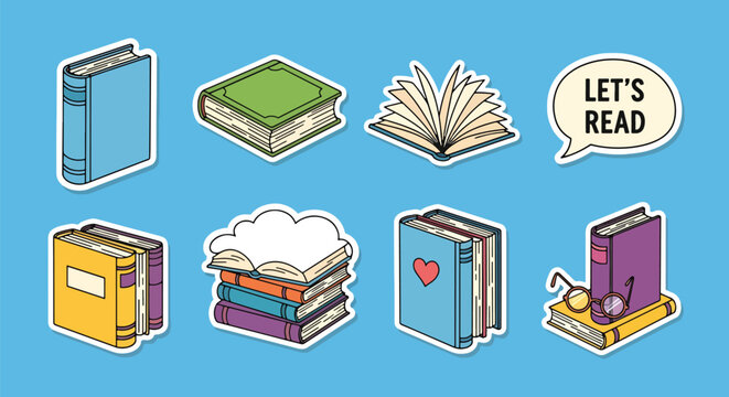 Flat vector illustration set of book stickers with reading icons and typography, education theme, cute stationery design, learning inspiration and literary lifestyle concept