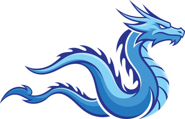 Stylized blue dragon with serpentine body, flame accents, fierce expression, dynamic 3D illustration for fantasy, mythology, and branding