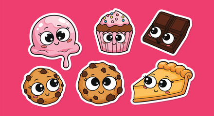 Obraz premium Flat vector illustration set of kawaii dessert stickers, cute sweets with expressive faces, fun snack icons, playful food characters for decoration and design use