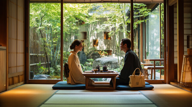 旅館の和室で西洋人インバウンドの二人が畳に座り穏やかに向き合う