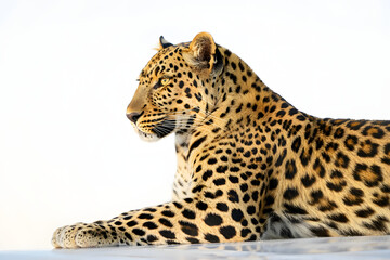 Obraz premium Majestic leopard lying down and looking away, side profile of a wild spotted cat on a white background.